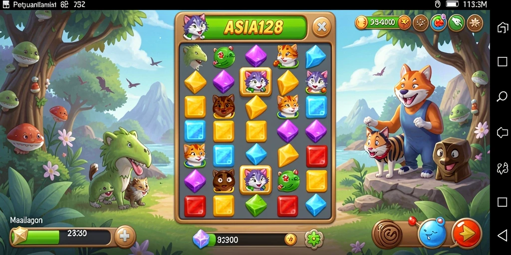 Tangkapan layar gameplay ASIA128 dengan aksi mencocokkan permata yang dinamis.