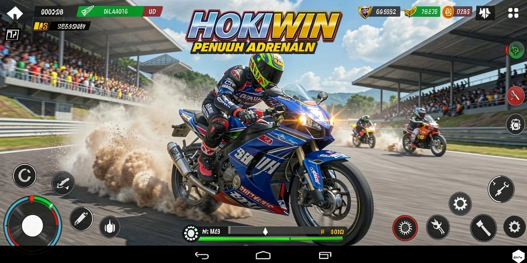 Tampilan gameplay HOKIWIN dengan balapan motor yang seru dan menegangkan.