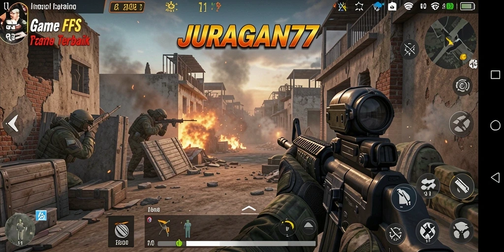 Tampilan menegangkan dari gameplay JURAGAN77 dengan aksi tembak-menembak yang intens.
