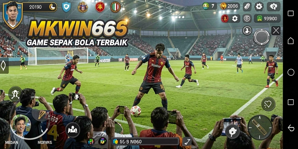 Screenshot gameplay MKWIN666 menampilkan aksi seru di lapangan sepak bola.