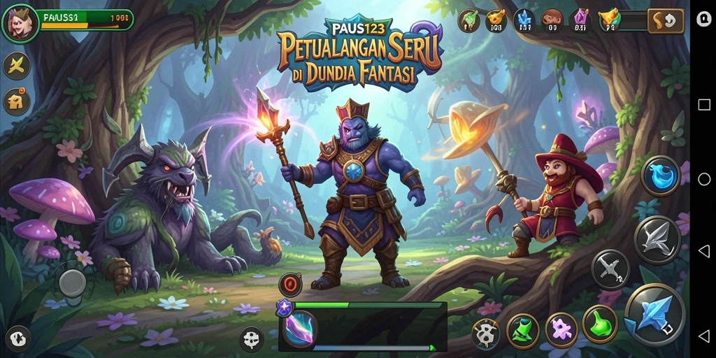 Screenshot PAUS123 menampilkan aksi pertarungan yang epik di dunia fantasi.
