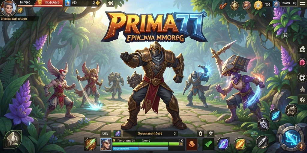 Screenshot dari gameplay <strong>PRIMA77</strong> menampilkan pertempuran epik di arena yang megah.