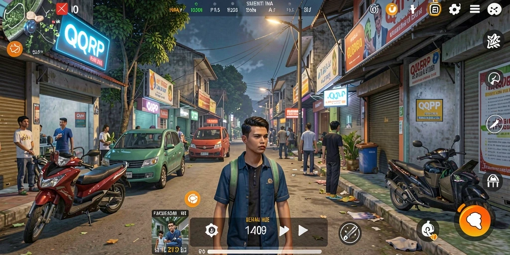 Tangkapan layar menunjukkan gameplay mendalam dan interaksi sosial di QQRP.