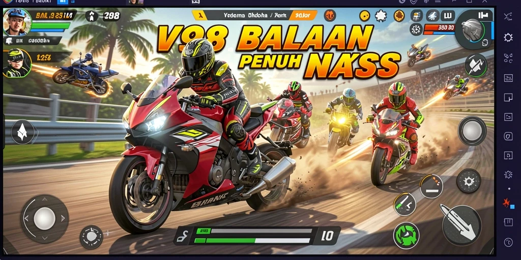 Screenshot V98 menampilkan karakter balap motor di lintasan kompetisi.
